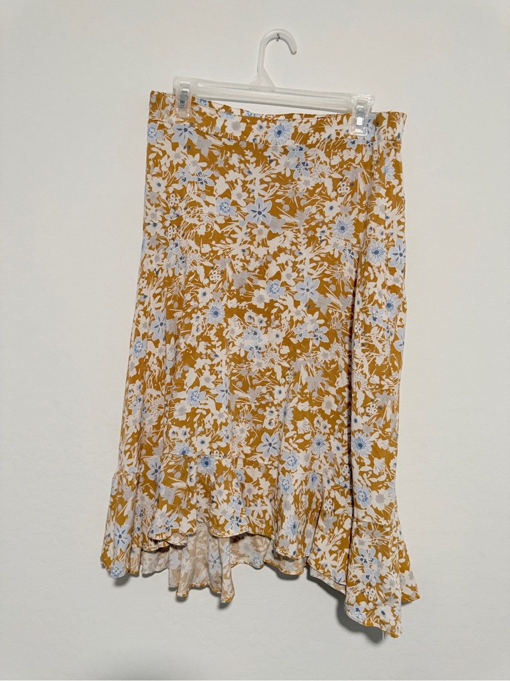 Melissa Paige Mustard Floral Midi Skirt with Blue and White Accents
